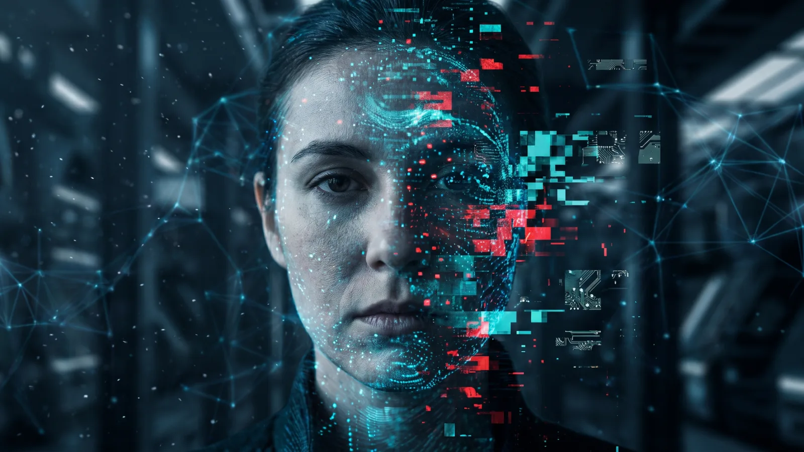 Illustration conceptuelle d'un deepfake : visage humain composé de pixels numériques