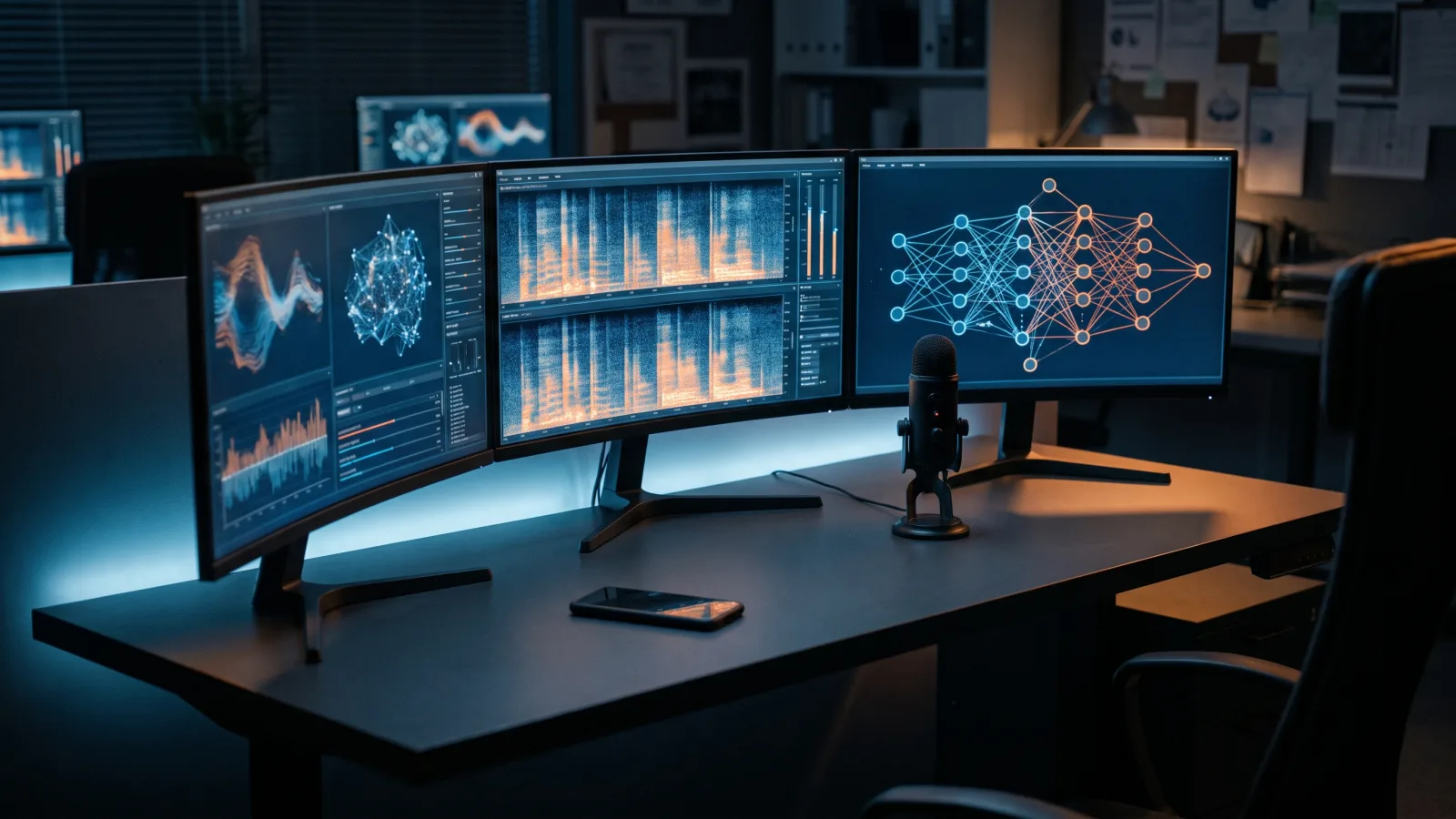 Poste de travail affichant spectrogrammes et graphes de réseaux de neurones