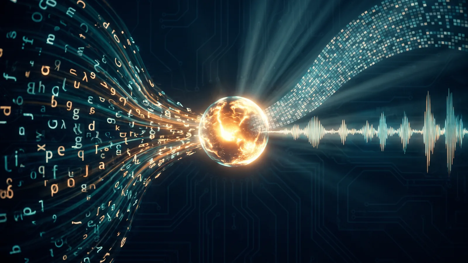 Trois flux de données texte, image et audio convergeant vers un modèle multimodal