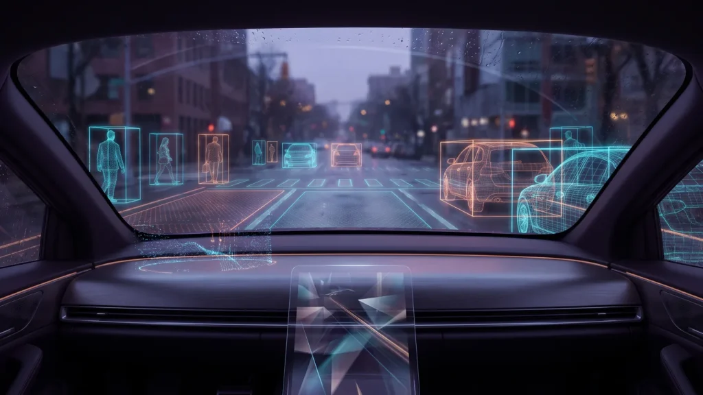 Vision par ordinateur d’une voiture autonome détectant piétons et véhicules